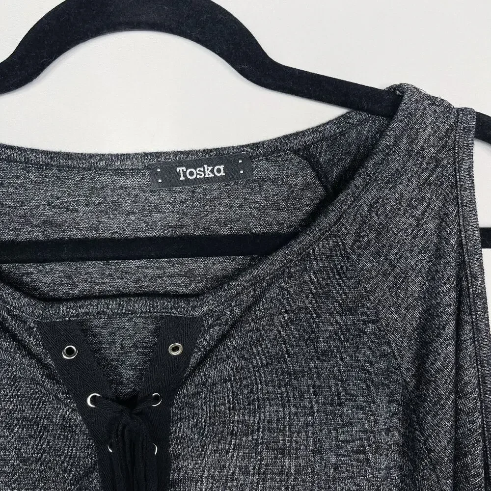 Toska Large L Heather Gray Lace Up Cold Shoulder Top Black Soft Knit Long Sleeve - Picture 3 of 6